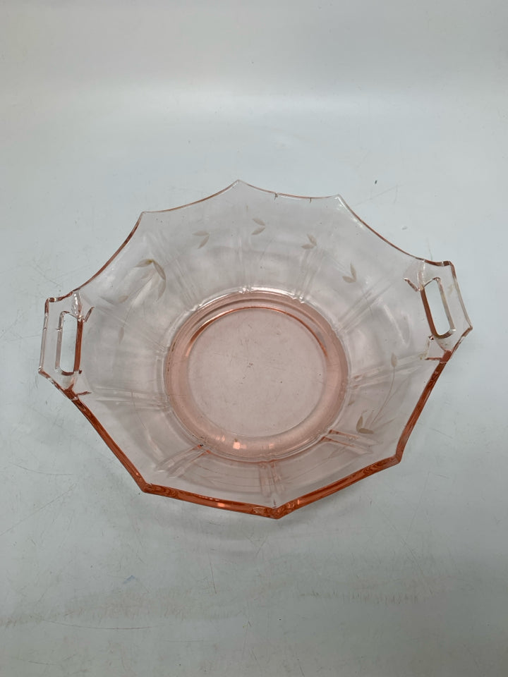 VTG MANY POINTS PINK ETCHED FLOWERS GLASS BOWL W/ HANDLES.