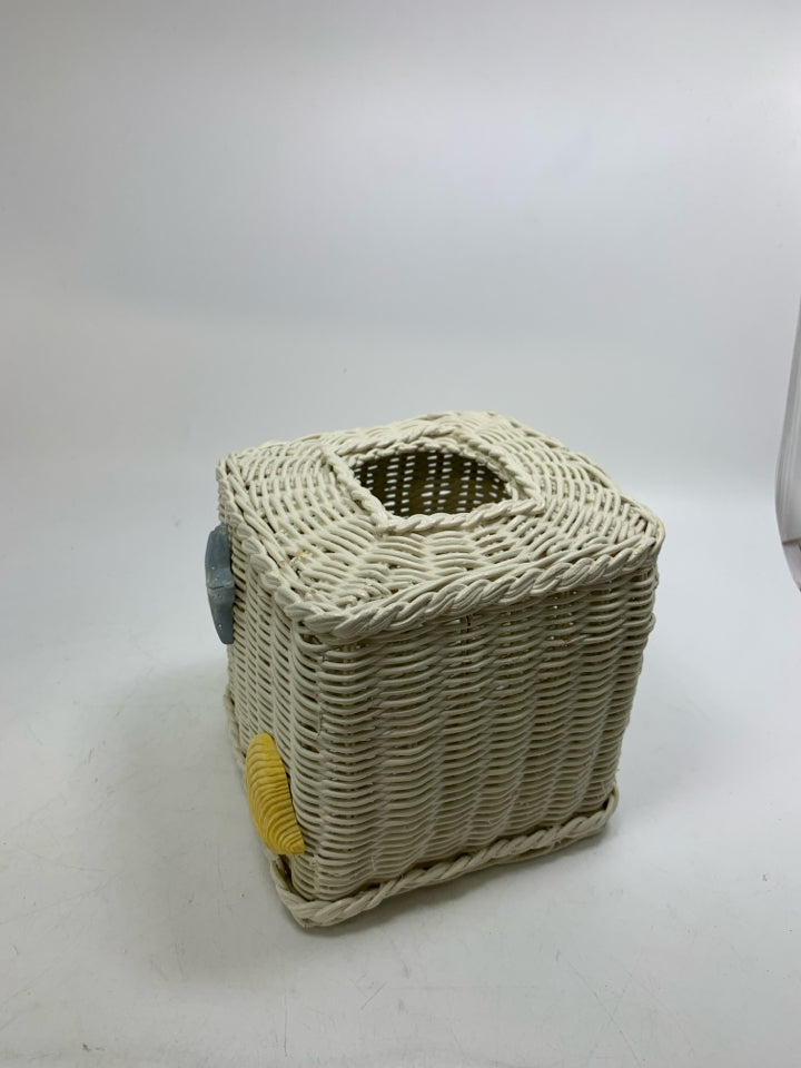 CREAM PAINTED WICKER TISSUE BOX COVER.