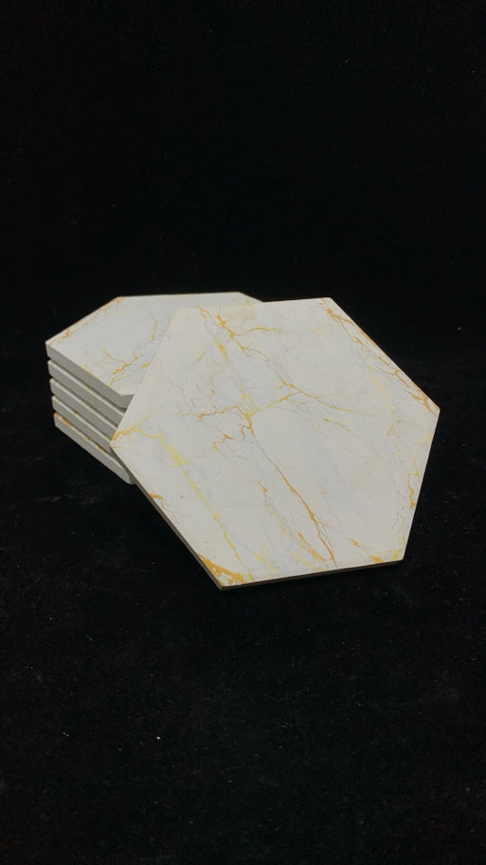 6PC GOLD PAINTED MARBLED COASTERS.