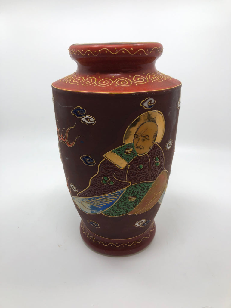 VTG JAPANESE ORANGE SLIP-TRAIL PAINTED VASE.