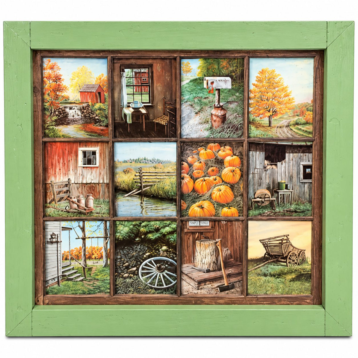 AUTUMN FARMHOUSE 'WINDOW' PAINTING IN GREEN WOOD FRAME.