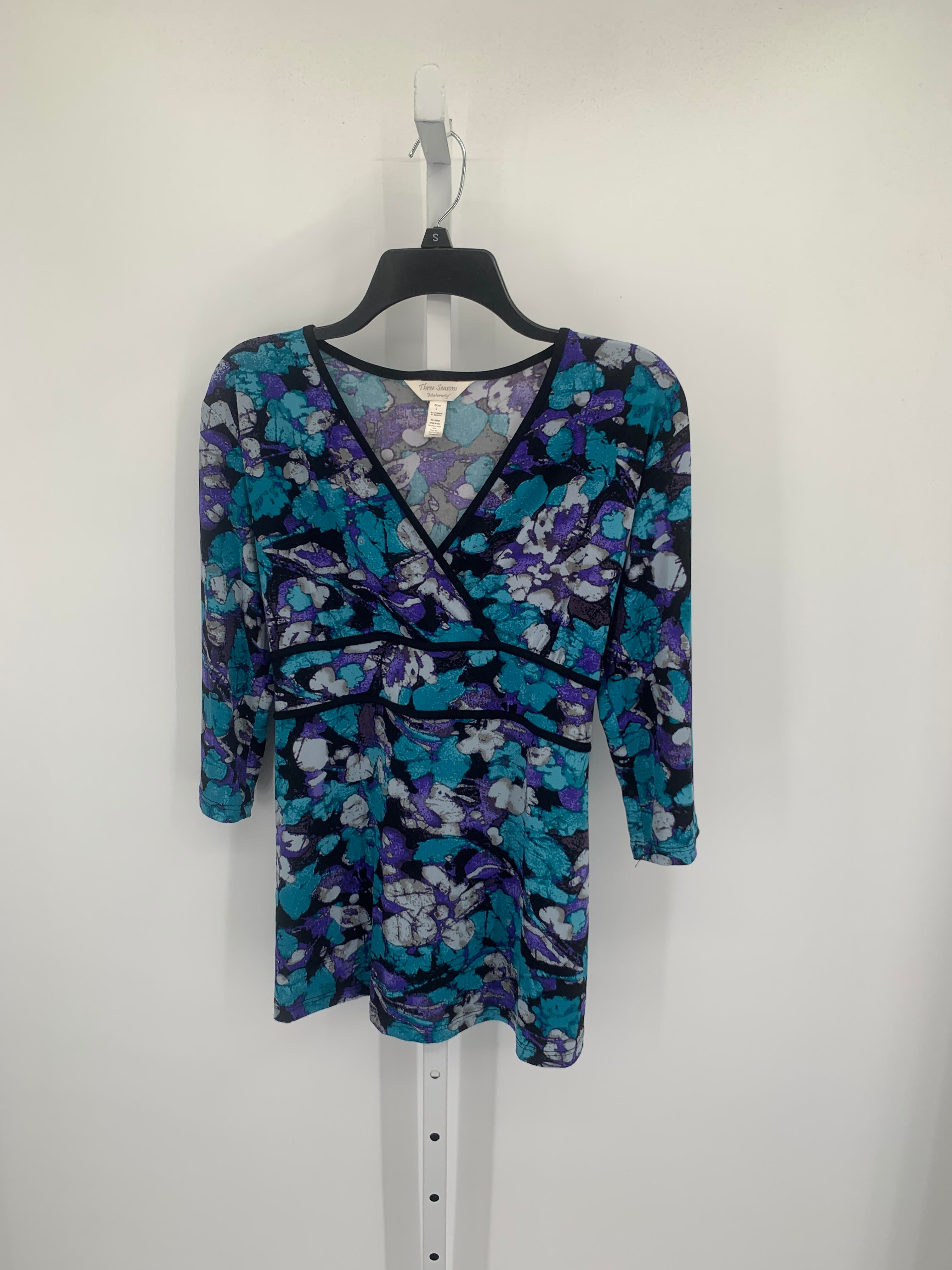 Three Seasons Blue Size Large Maternity 3/4 Sleeve Shirt