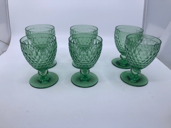 6 TEAL EMBOSSED DIAMOND "BOSTON" PATTERN FOOTED GOBLET GLASSES.