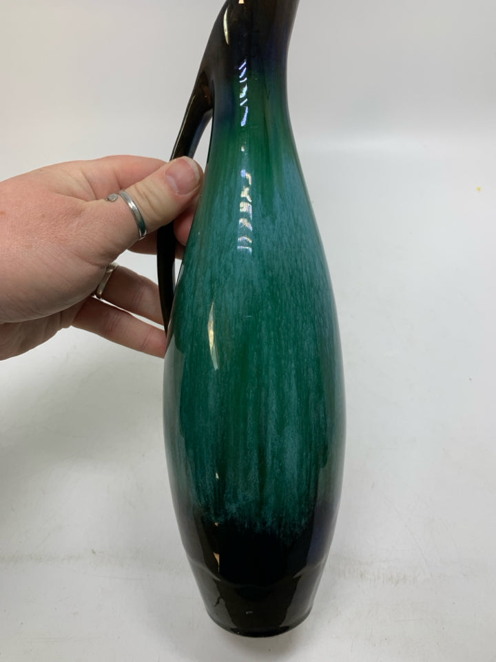 VTG DARK BROWN/TEAL GLAZE DRIP EWER.