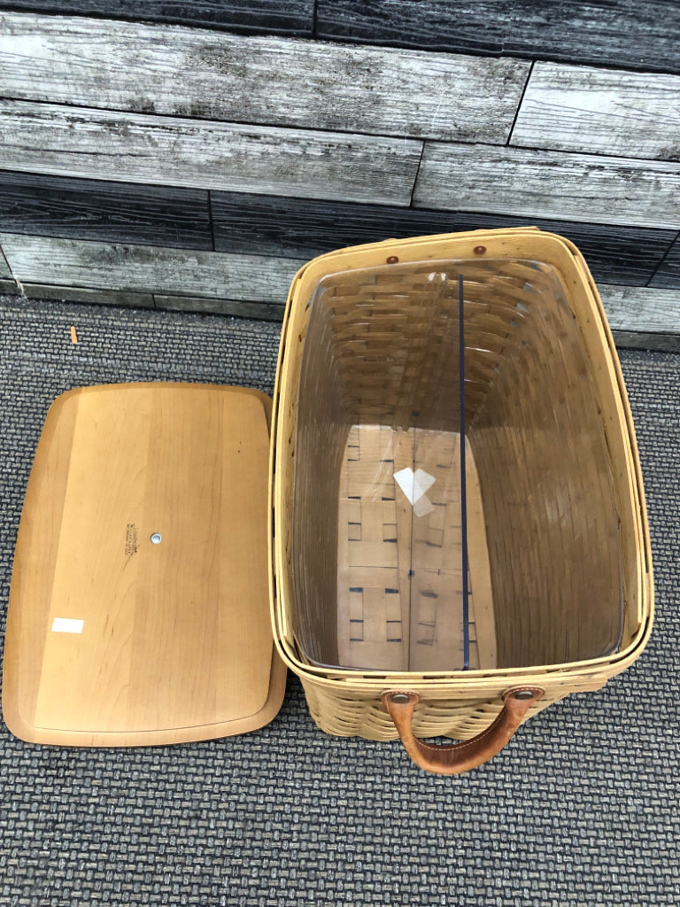 2013 LARGE SLANT BASKET  W/WOOD COVER, PLASTIC PROTECTOR, + LEATHER HANDLES.