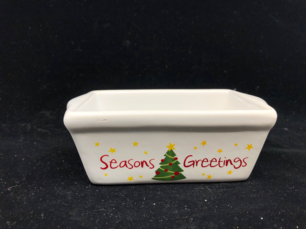 SMALL WHITE SEASONS GREETINGS LOAF PAN.