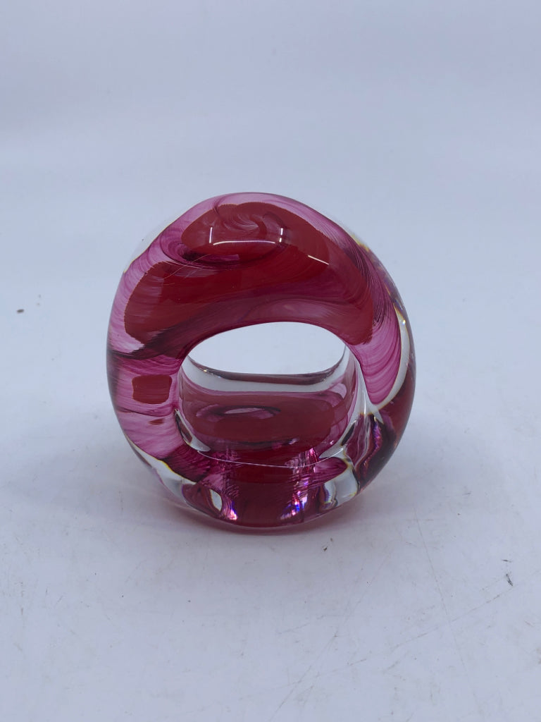 RED/ PINK GLASS PAPER WEIGHT.