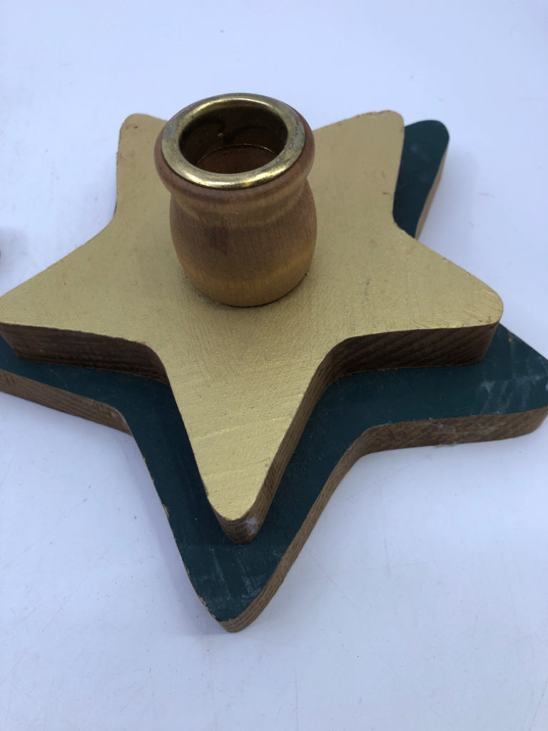 2 GOLD/GREEN STAR TAPER CANDLE HOLDERS.