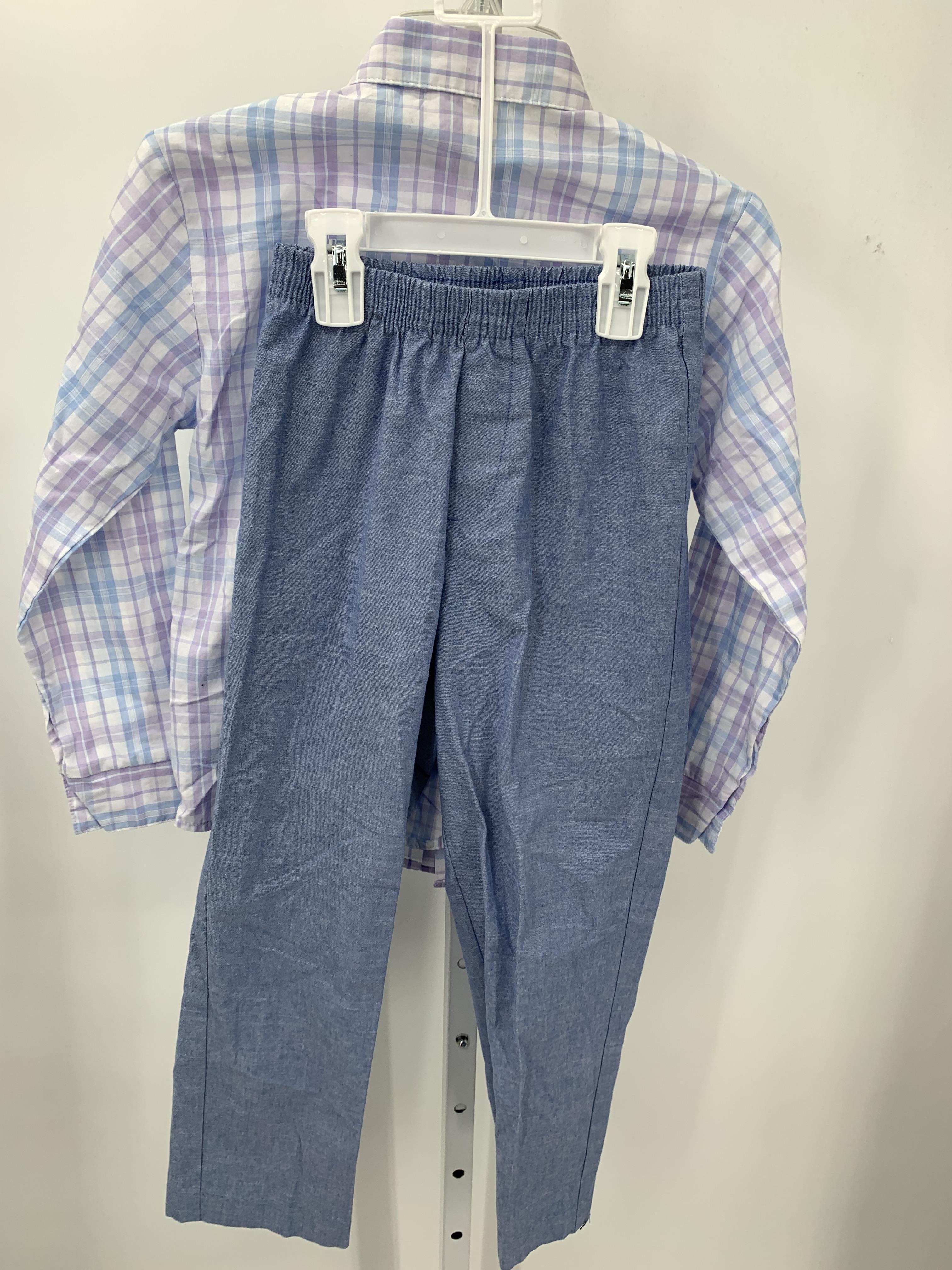 PURPLE PLAID SHIRT AND BLUE PANTS