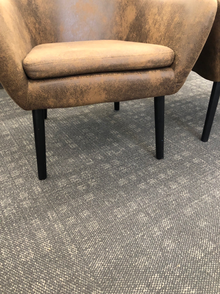 2 RUSTIC BROWN FAUX-SUEDE CHAIRS.