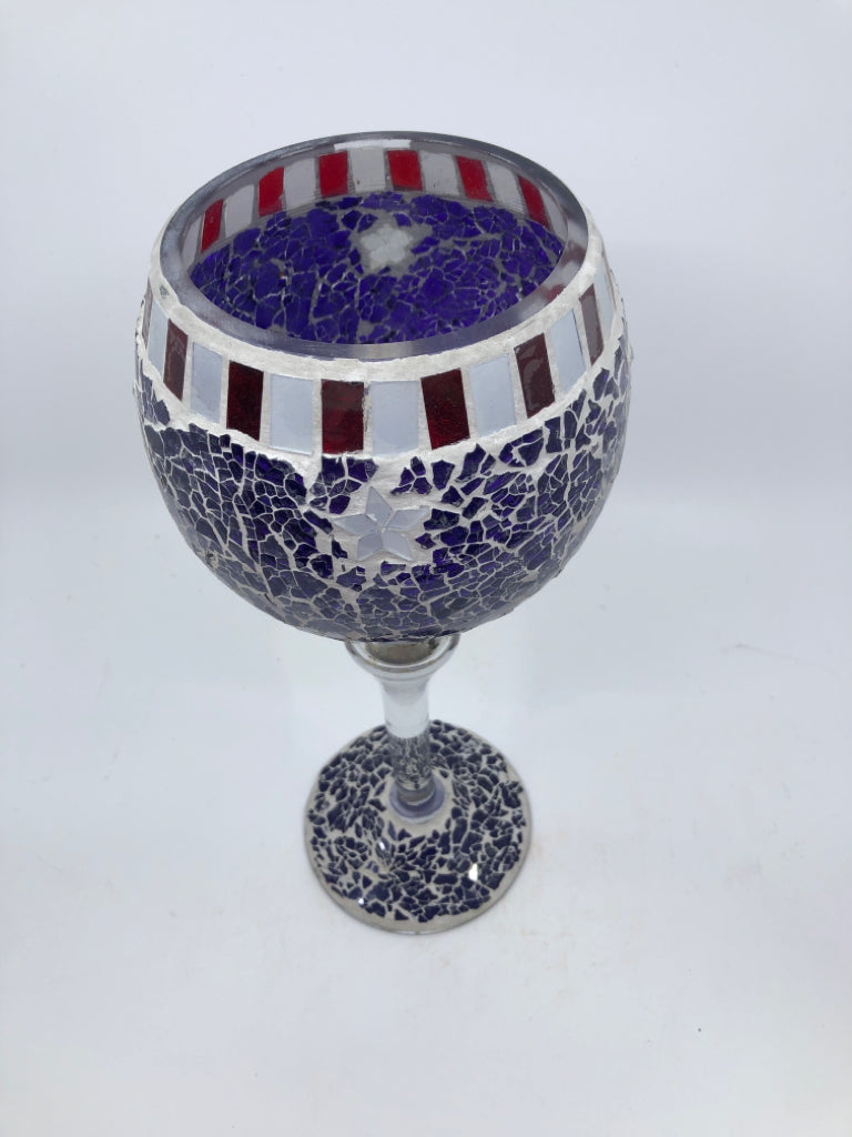 RED,WHITE,BLUE MOSAIC GLASS TALL CANDLE GOBLET.