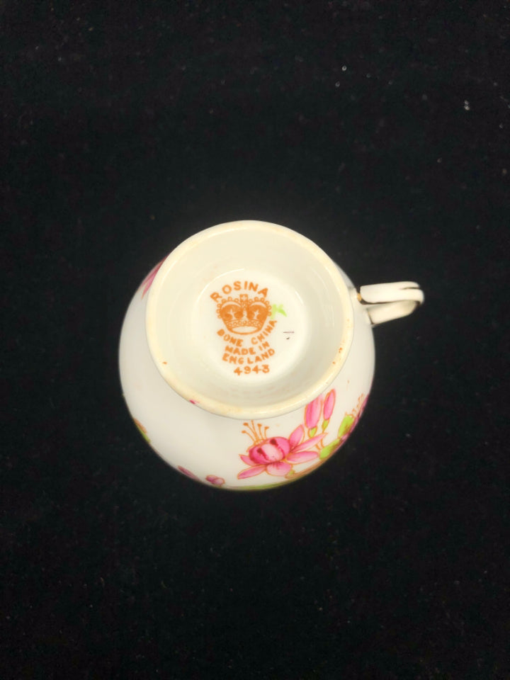 VTG TEA CUP/SAUCER PINK FLOWERS GREEN LEAVES.