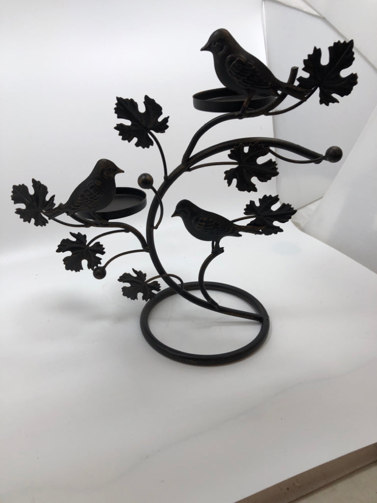 METAL DISTRESSED CANDLE HOLDER W/BIRDS/LEAVES.