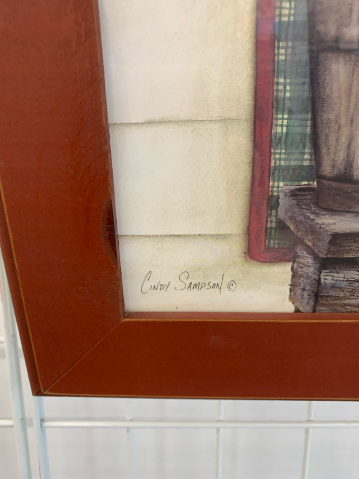 PRIMITIVE APPLES PRINT IN RED WOOD FRAME.