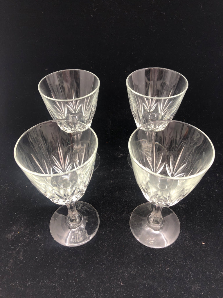 4 CUT GLASS BOTTOM WINE GLASSES.