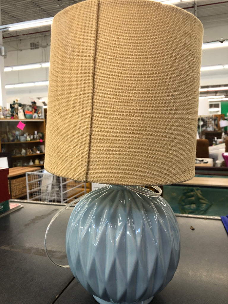 ROUND TEAL LAMP W TAN SHADE.