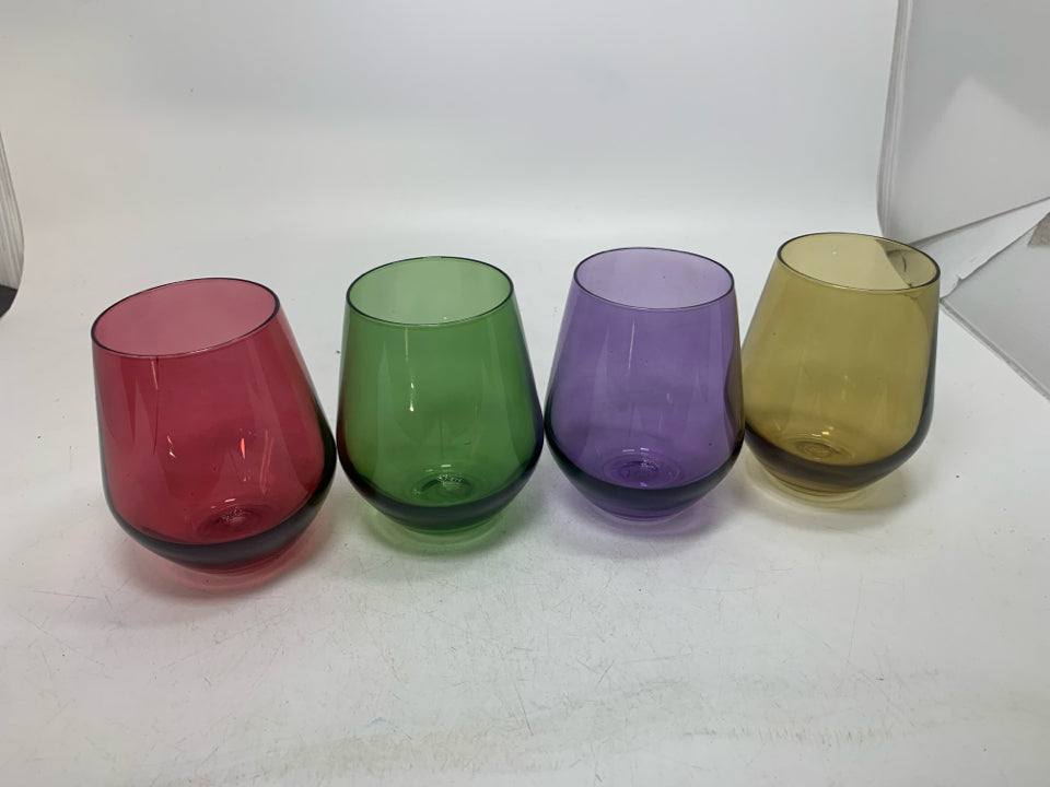 4 TUSCANY HARVEST RED WINE STEMLESS GLASSES.