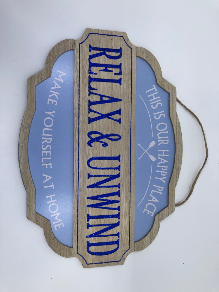 RELAX & UNWIND BLUE GLITTER SIGN.