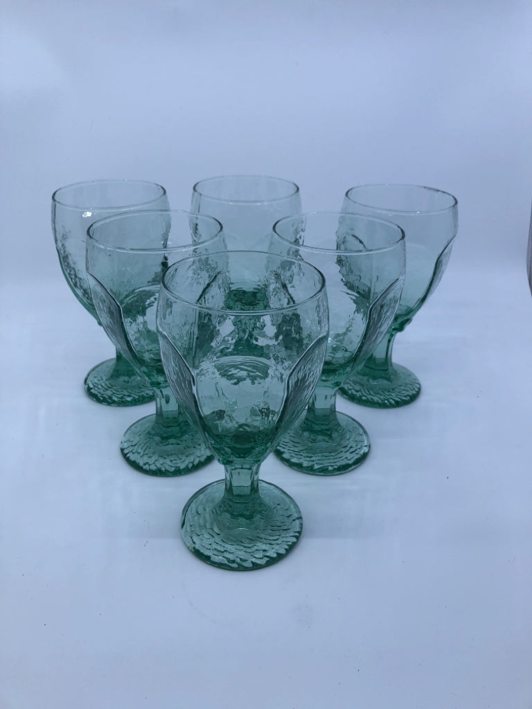 6 GREEN GLASS TINTED FOOTED WATER GLASSES.