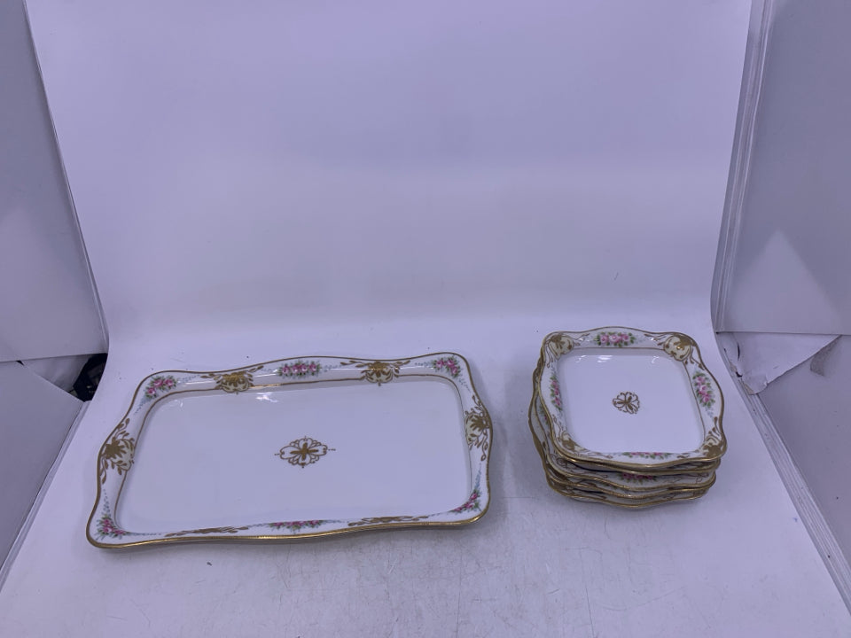 VTG 6 PC TRAY/PLATE SET WHITE W/ GOLD PINK FLOWERS.