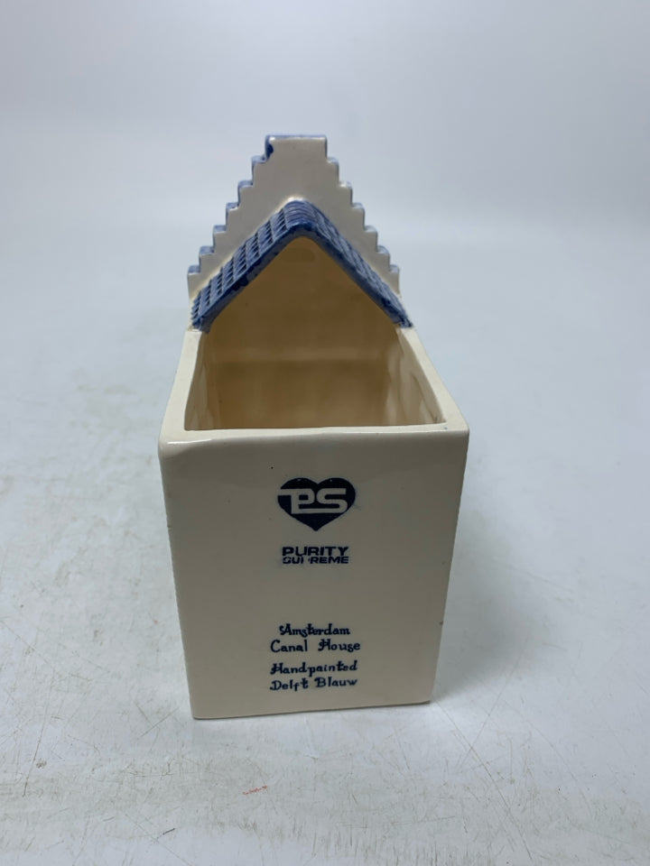 VTG AMSTERDAM CANAL HOUSE SMALL PLANTER W/ BLUE DETAILS.