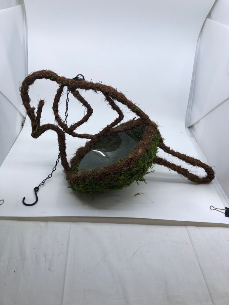 MOSS BIRD SHAPED HANGING PLANTER W/ PLASTIC INSERT.