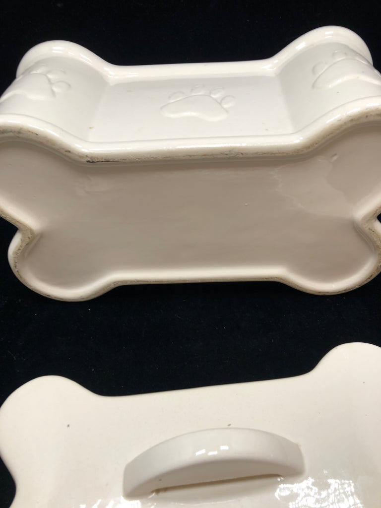 WHITE CERAMIC DOG BONE CANISTER W/LID.