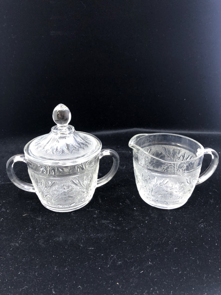 VTG ETCHED FLORAL SUGAR AND CREAMER.