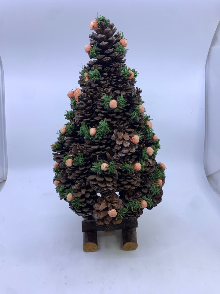 WOOD BASED PINECONE TREE W PINK BALLS.
