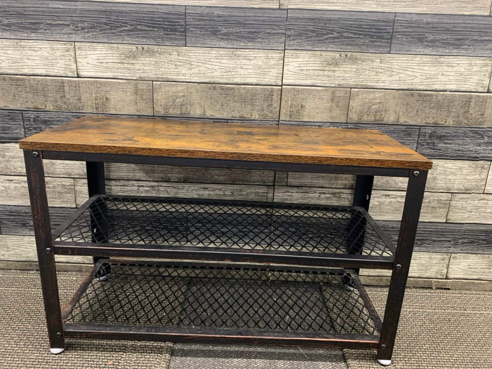 BLACK METAL FAUX WOOD TOP SHOE RACK/ BENCH.