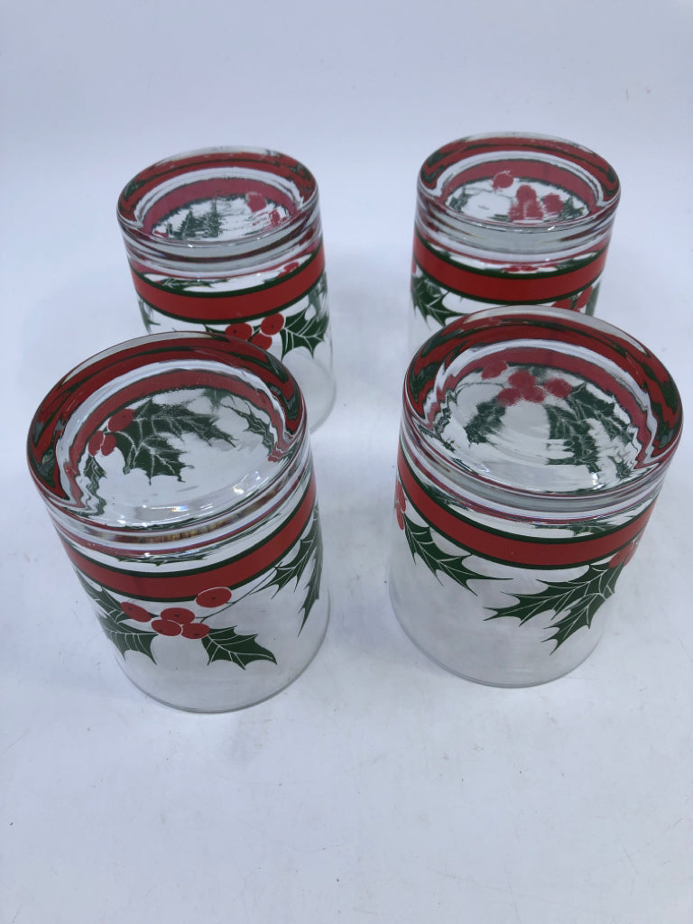 4 HOLLY SHORT WATER GLASSES.