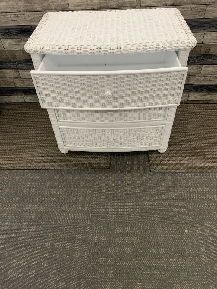 WHITE WICKER 3 DRAWER DRESSER.