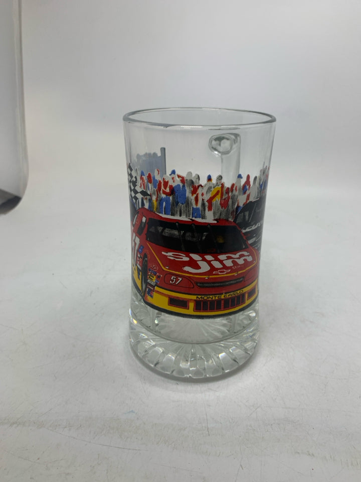 LARGE HEAVY CLEAR GLASS NASCAR STEIN.
