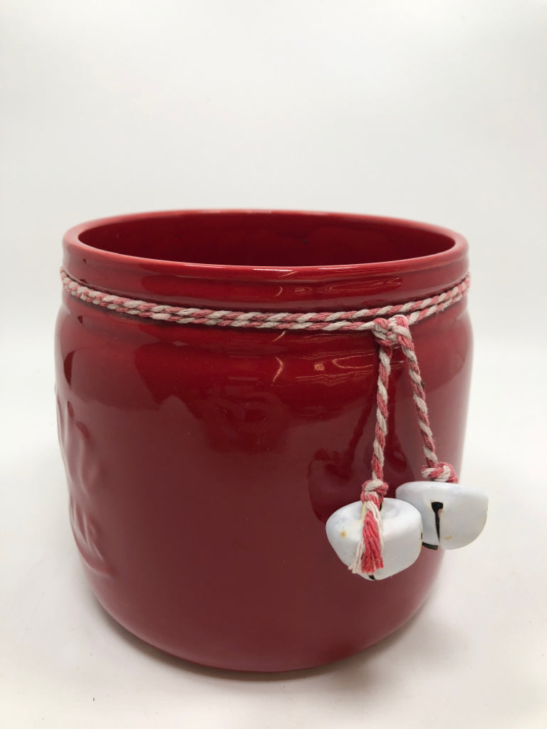 RED CERAMIC MASON JAR W/WHITE JINGLE BELLS.