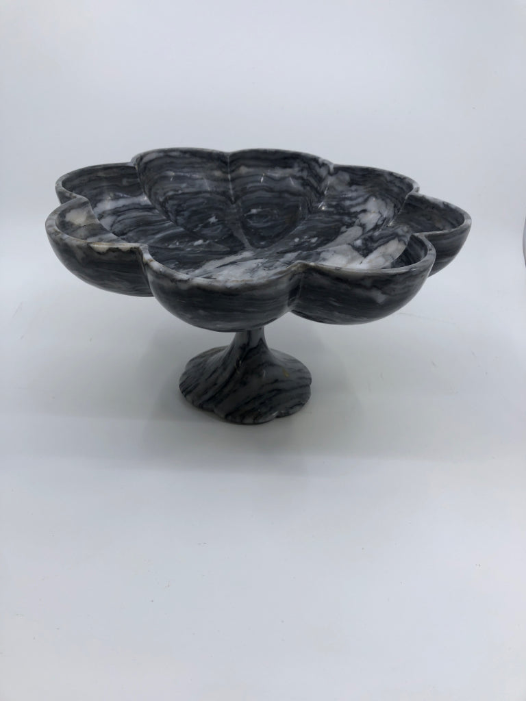HEAVY GREY STONE FOOTED FLOWER SHAPED CANDY DISH.