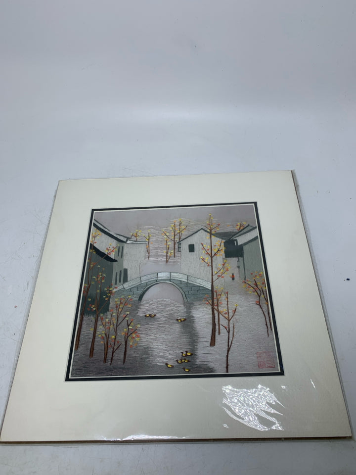 NIP SUZHOU SILK EMBROIDERY BRIDGE W/ BUILDINGS DUCKS AND FALL TREES.