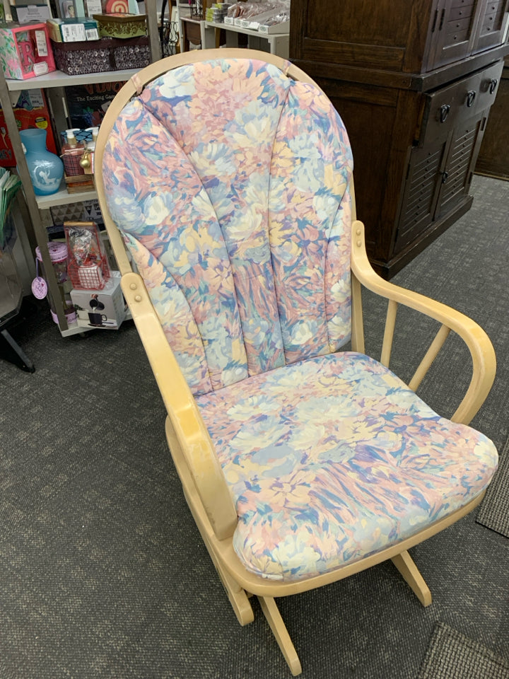 BLONDE WOOD SOLID MAPLE ROCKER W PINK/BLUE FLORAL CUSHION -MADE IN CANADA.