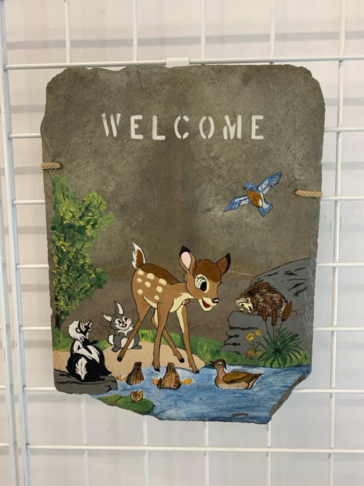 PAINTED BAMBI SCENE ON SLATE HANGING PICTURE.