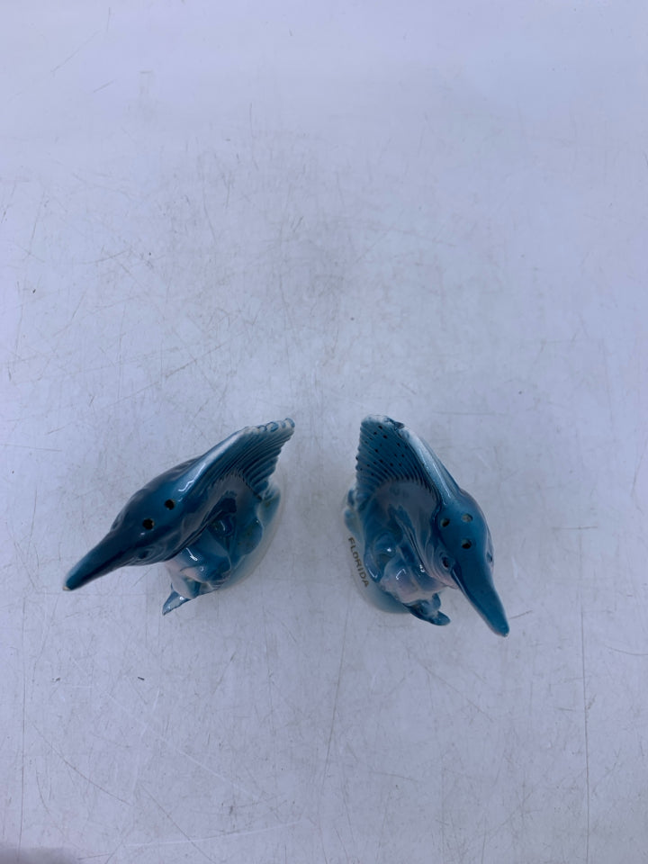 CERAMIC BLUE SWORDFISH S/P SHAKERS.