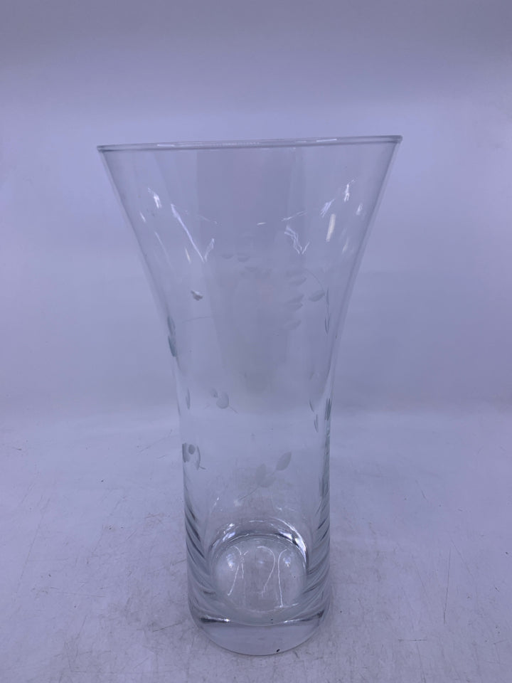 HEAVY BOTTOM GLASS VASE W/ ETCHED LEAVES FLARED TOP.