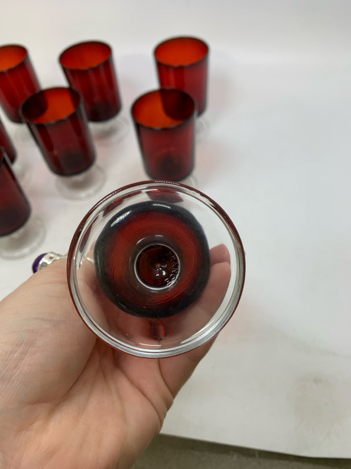 8 CLEAR BASE W/ RED TOP CORDIAL GLASSES.