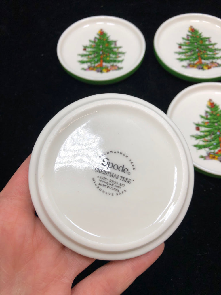 4 SPODE CHRISTMAS TREE SMALL PORCELAIN COASTERS.