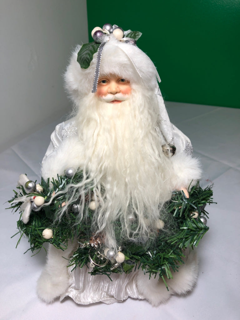 SANTA IN WHITE COAT TREE TOPPER.