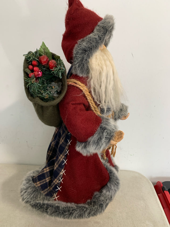 MAROON/FUR COAT STANDING SANTA W/ SNOWSHOES.