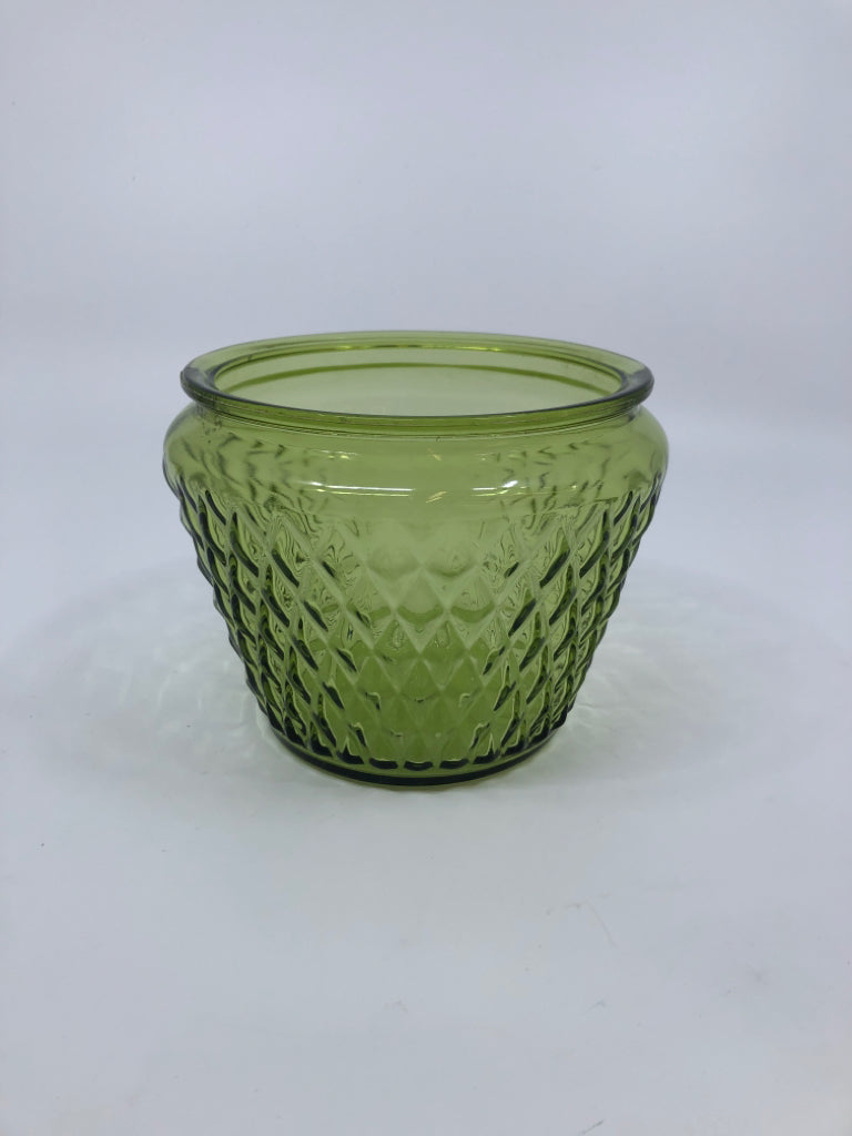 VTG GREEN GLASS DIAMOND POINT TEXTURED PLANTER.