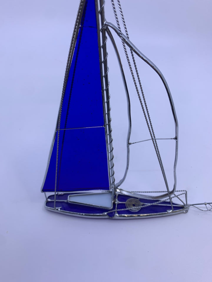 STAINED GLASS BLUE SAIL BOAT.