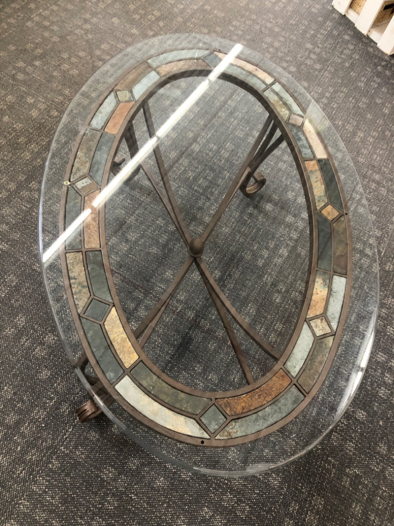 METAL GLASS COFFEE TABLE W/NATURAL SLATE DESIGN.