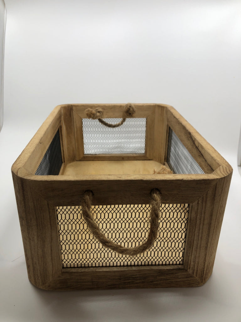 WOOD CRATE W/WIRE SIDES AND BURLAP HANDLES.