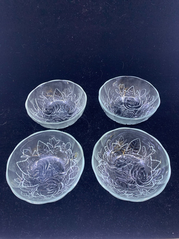 4PC ROSE EMBOSSED CLEAR GLASS BOWLS.