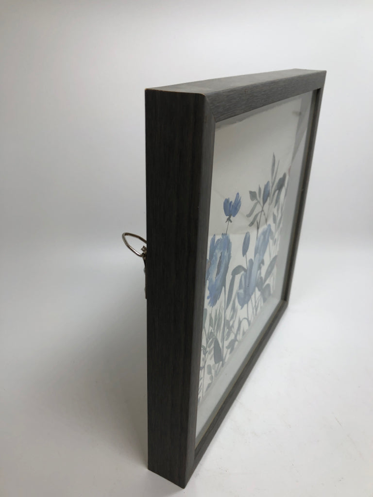 BLUE WATERCOLOR FLORALS IN GRAY FRAME.